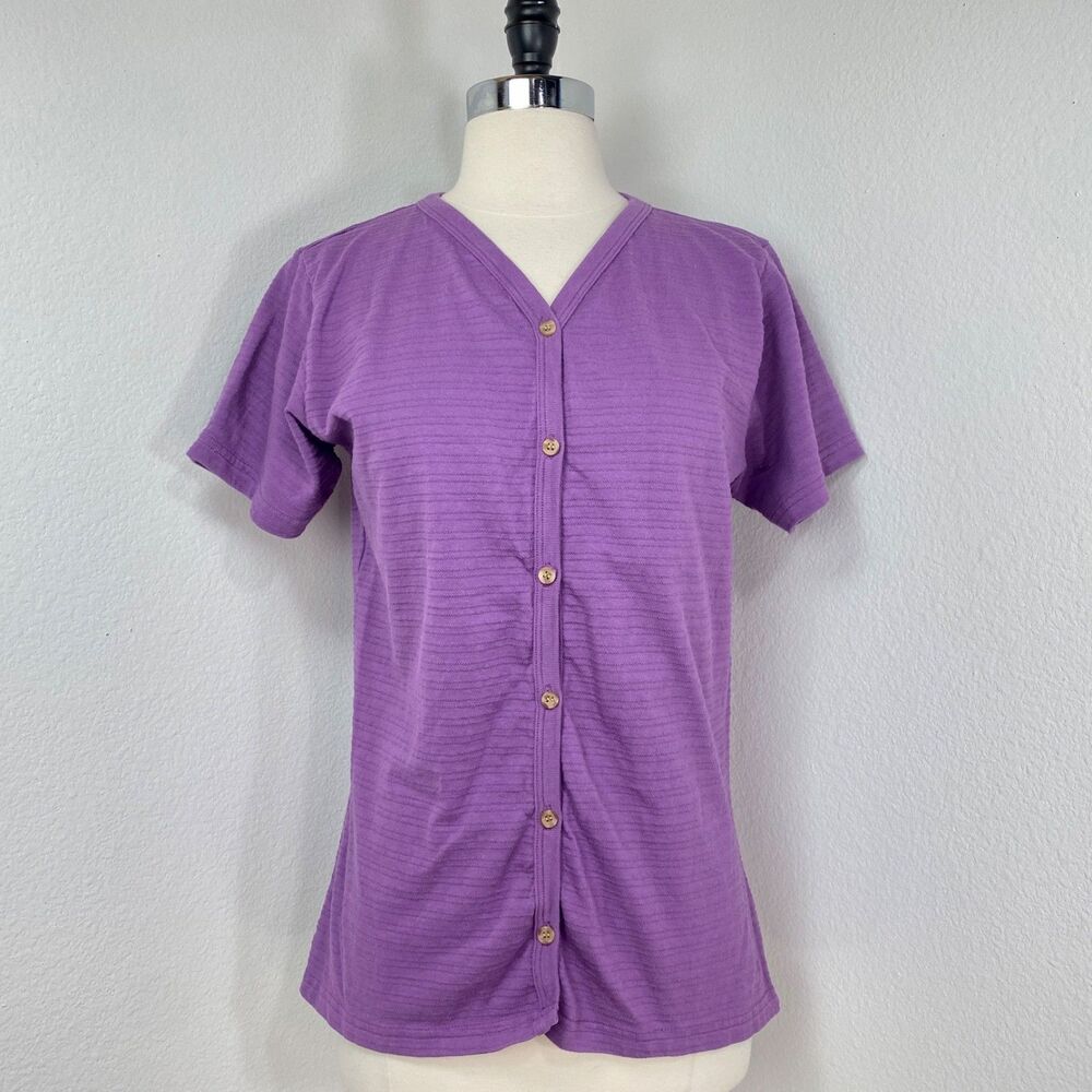 REI Cotton Purple Button Front Textured Top Shirt Medium Short Sleeves Sporty